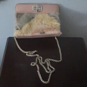 Street Level  Pink And Grey Fur Front Pink Leather Back Chain Crossbody Bag
